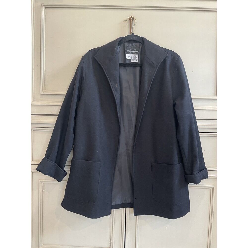 Women’s Requirements Black Wool Open Front Coat Size 10 Mid Length Collared READ